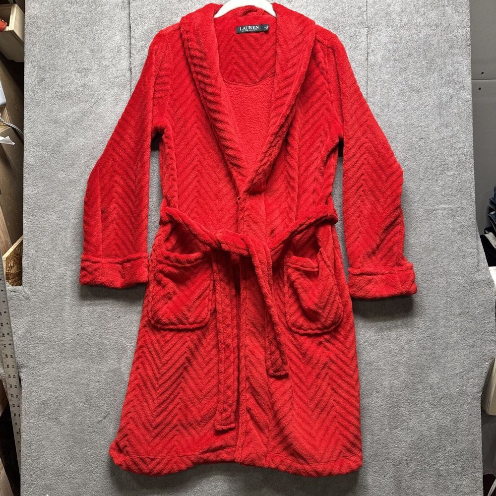 Ralph Lauren LRL Herringbone Robeβ Small Red Plush House Coat Dressing Gown Belt